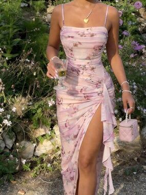 SHEIN Pink Floral Ruched Midi Dress with High Slit